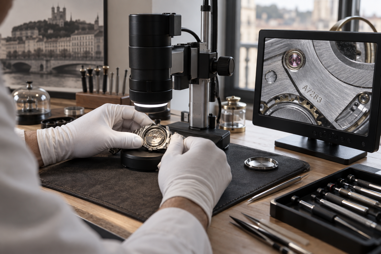 Montre mécanique contrôlée sous un microscope numérique dans un atelier horloger