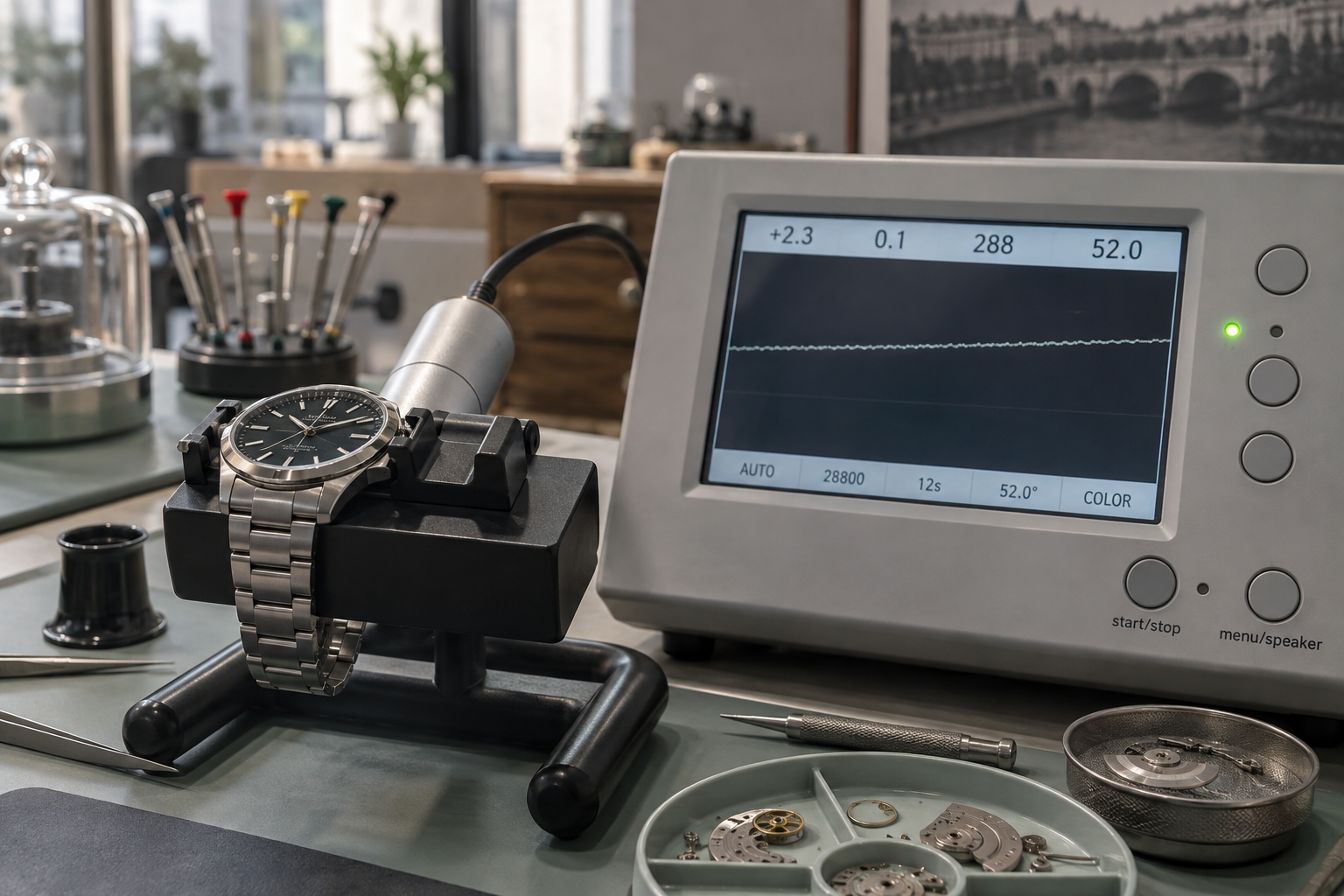 Montre mécanique testée sur un chronocomparateur professionnel