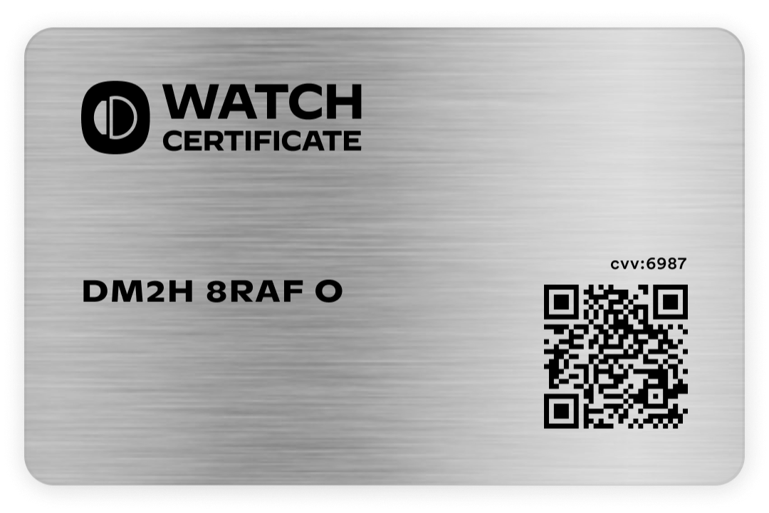 Carte Watch Certificate en métal brossé, avec son QR code